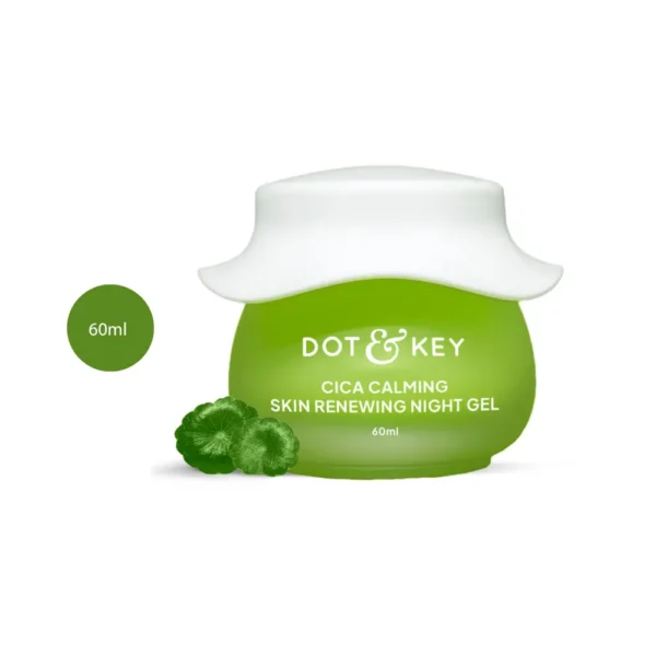 DOT & KEY CICA Calming Skin Renewing Night Gel 60ml green jar next to cica leaves.