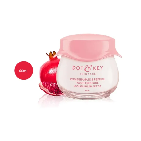DOT & KEY Pomegranate & Peptide Anti Aging Moisturizer SPF 30 60ml jar next to a pomegranate.