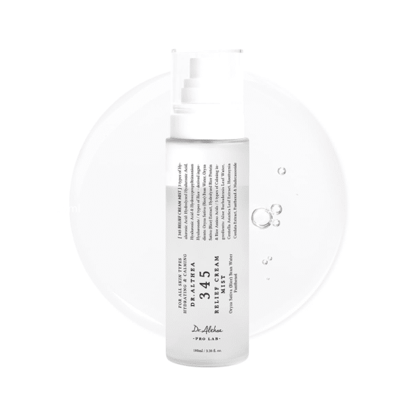 Dr. Althea 345 Relief Cream Mist in frosted spray bottle with clear liquid droplet.