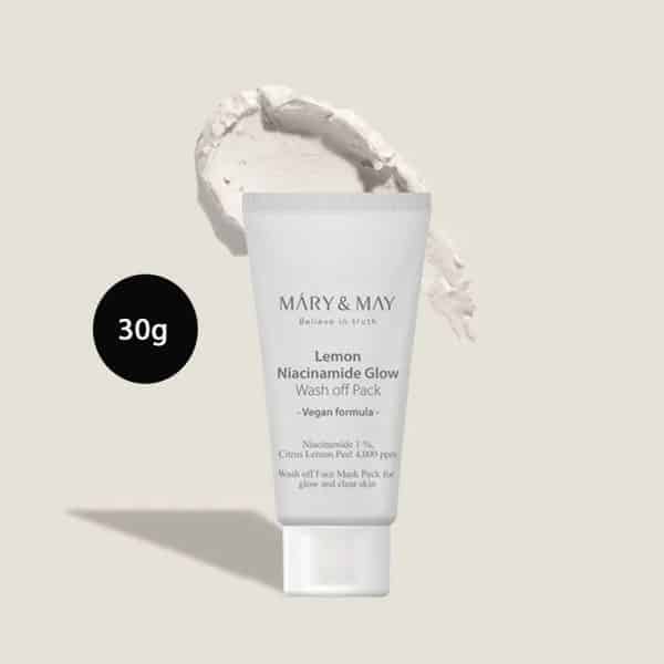 Mary & May Lemon Niacinamide Glow Wash Off Pack 30g tube with textured clay smear.