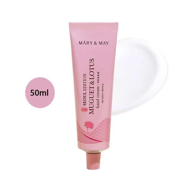 Mary & May Muguet & Lotus Hand Cream 50ml pink tube with cream smear and floral patterns.
