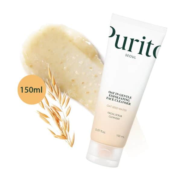 Purito Seoul Oat-in Gentle Exfoliating Cleanser 150ml tube with smear and oat stalk.