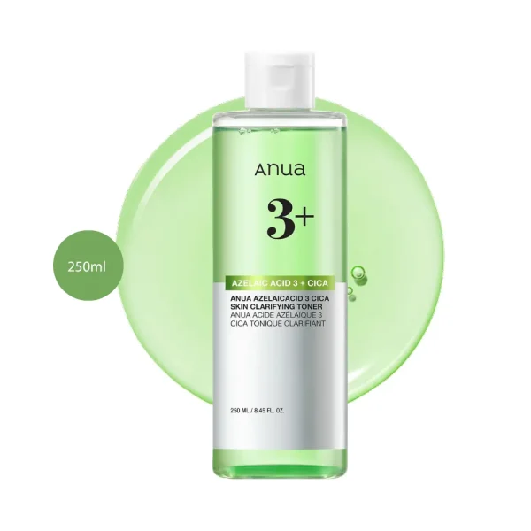 Anua Azelaic Acid 3 + Cica Toner in a 250ml clear bottle with light green liquid.
