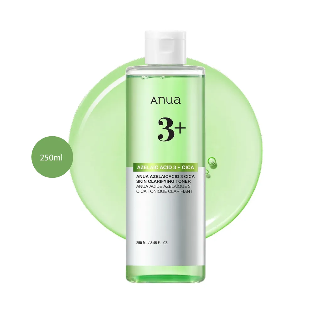 Anua Azelaic Acid 3 + Cica Toner in a 250ml clear bottle with light green liquid.