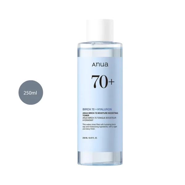 Anua Birch 70 Moisture Boosting Toner in a 250ml clear bottle with blue label and white cap.