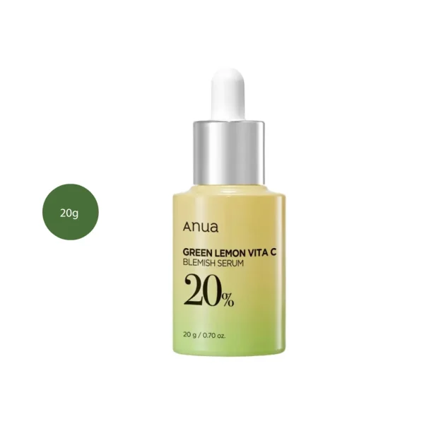 Anua Green Lemon Vita C Blemish Serum in a 20g yellow-green dropper bottle with silver accents.