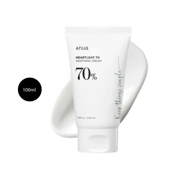 Anua Heartleaf 70 Soothing Cream in a 100ml white tube with black text and cream design.