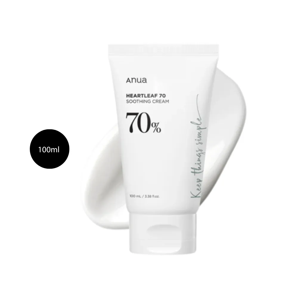 Anua Heartleaf 70 Soothing Cream in a 100ml white tube with black text and cream design.