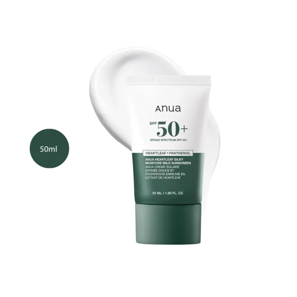 Anua Heartleaf Silky Moisture Mild Sunscreen in a 50ml white and green tube.