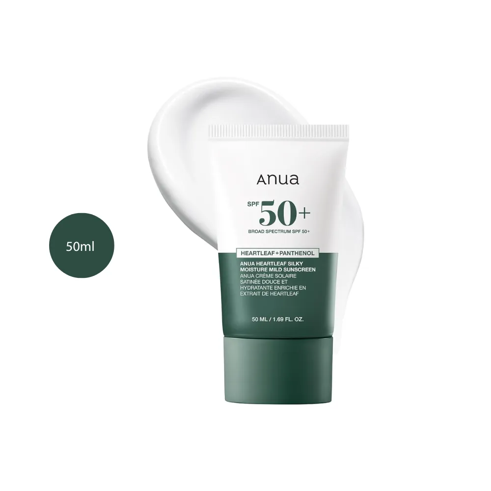 Anua Heartleaf Silky Moisture Mild Sunscreen in a 50ml white and green tube.
