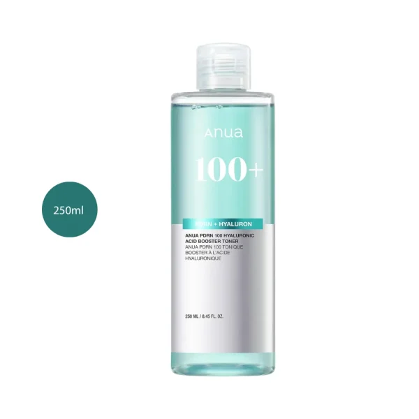 Anua PDRN 100 Hyaluronic Booster Toner in a 250ml clear bottle with light teal liquid.