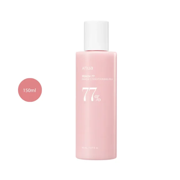 Anua Peach 77 Niacin Conditioning Milk in a matte pink 150ml bottle with a white cap.