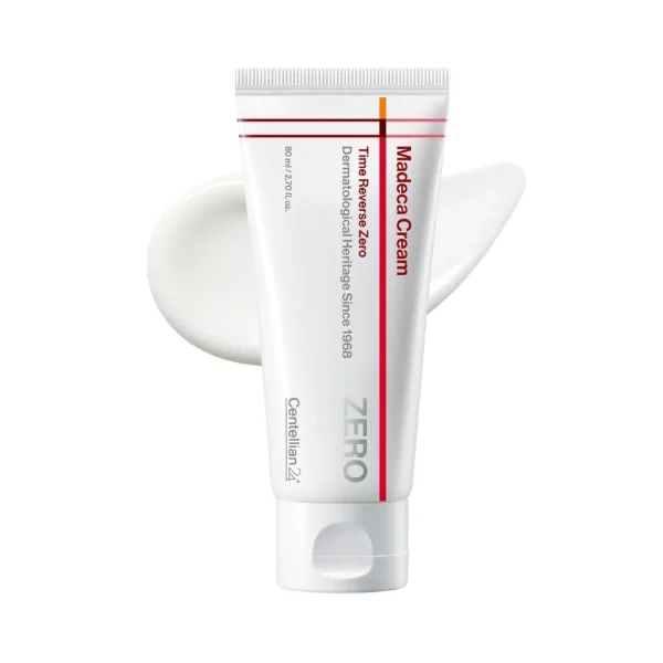 Centellian24+ Madeca Cream Time Reverse Zero 80ml white tube on a white cream backdrop.
