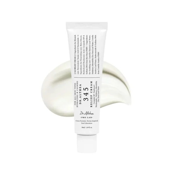 Dr. Althea 345 Relief Cream in a white tube, showing a smear of the white cream texture.