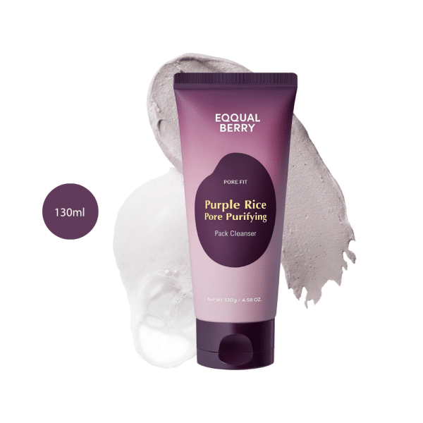 EQQUALBERRY Purple Rice Pore Purifying Pack Cleanser 130ml with foam background.
