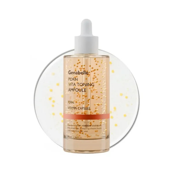Genabelle PDRN Vita Toning Ampoule bottle with vitamin capsule liquid background.