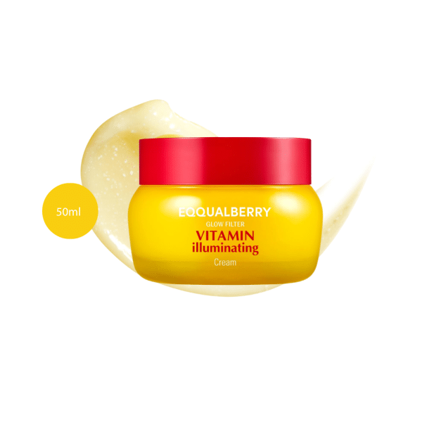 EQQUALBERRY Glow Filter Vitamin Illuminating Cream 50ml with yellow gel smear.