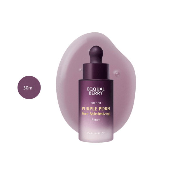 EQQUALBERRY Purple PDRN Pore Minimizing Serum 30ml with purple splash background.