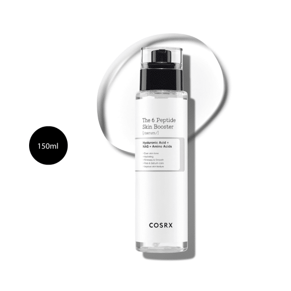 COSRX The 6 Peptide Skin Booster Serum in a 150ml clear bottle with black pump.