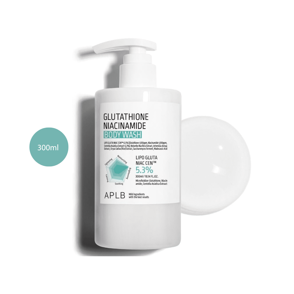 APLB Glutathione Niacinamide Body Wash (300ml) APLB Glutathione Niacinamide Body Wash 300ml white pump bottle with minimalist text.