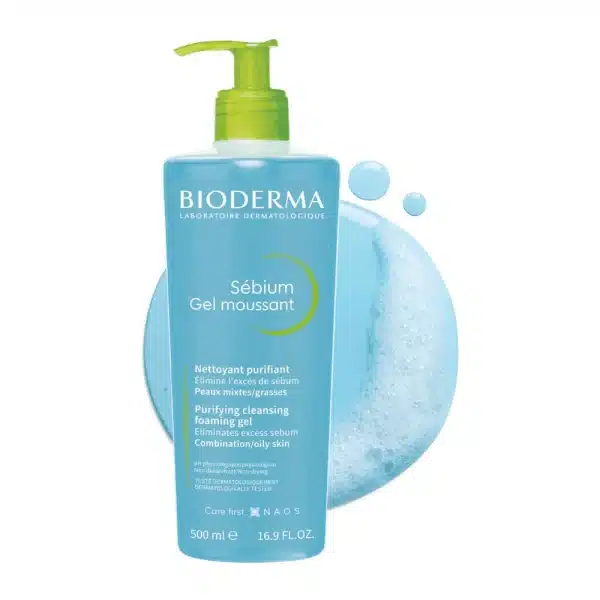 Bioderma Sébium Gel Moussant blue bottle with green pump for oily skin.