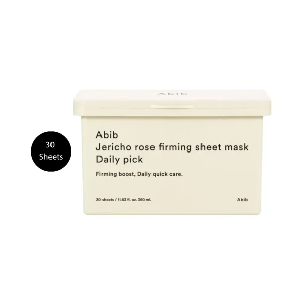 Abib Jericho Rose Firming Sheet Mask 30 Sheets in a minimalist, cream tub.
