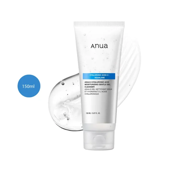 Anua 8 Hyaluronic Acid Gentle Gel Cleanser 150ml tube on a clear gel backdrop.