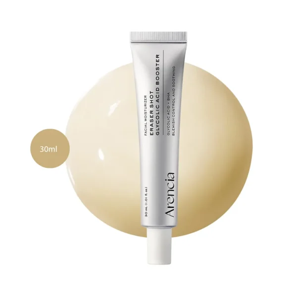 Arencia Eraser Shot Glycolic Acid Booster 30ml tube on a pale yellow cream backdrop.