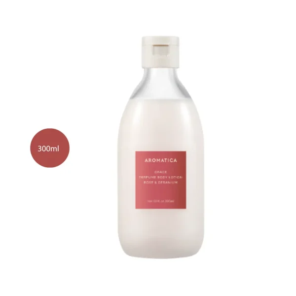 AROMATICA Grace Perfume Body Lotion Rose & Geranium 300ml in a frosted bottle.