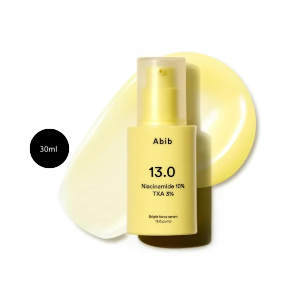 Abib Bright Force Serum 13.0 Pump 30ml in a minimalist, yellow bottle.