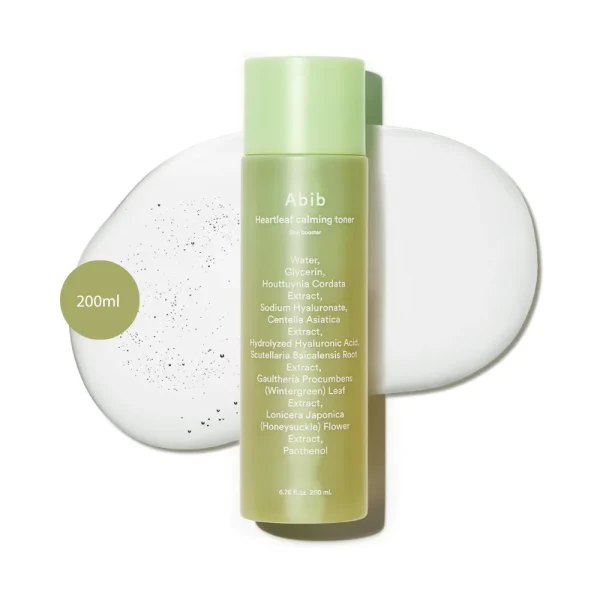 Abib Heartleaf Calming Toner 200ml in a minimalist, frosted green bottle.