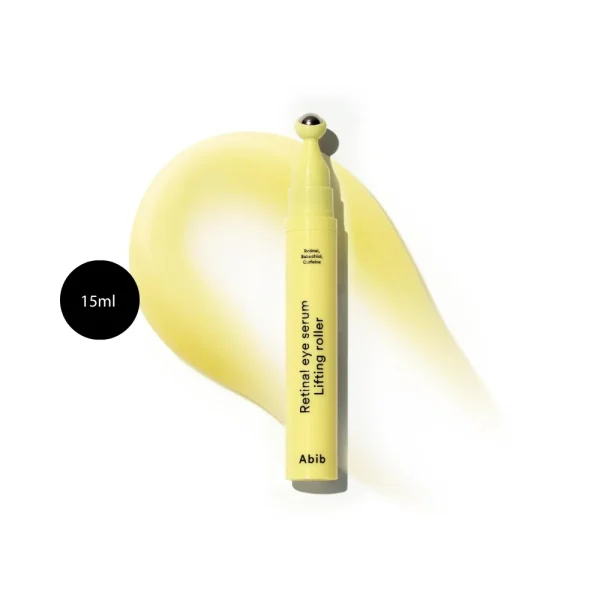 Abib Retinal Eye Serum Lifting Roller 15ml in a minimalist, yellow roller tube.