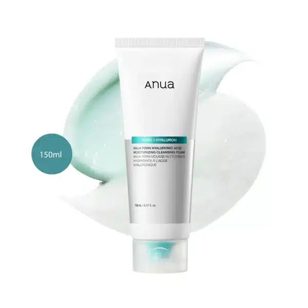 Anua PDRN Hyaluronic Acid Moisturizing Cleansing Foam 150ml on a teal foam backdrop.