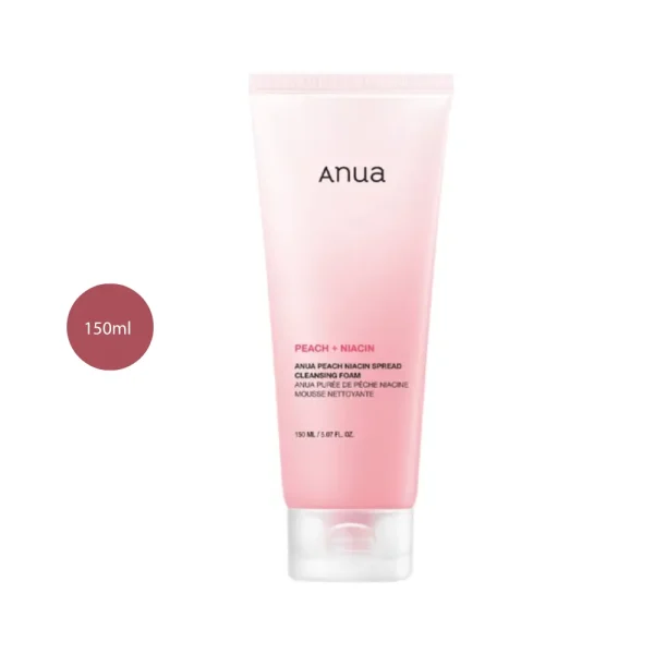 Anua Peach Niacin Spread Cleansing Foam 150ml pink gradient tube on a white background.