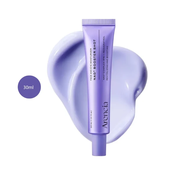Arencia NAD+ Serum Booster Shot 30ml purple tube on a light purple cream backdrop.