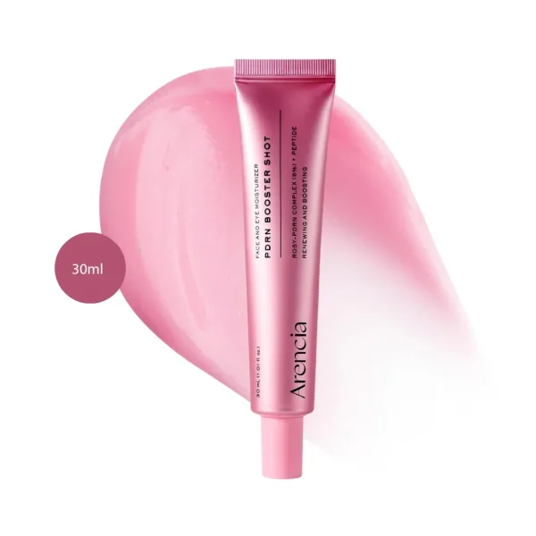 Arencia PDRN Booster Shot Serum 30ml pink tube on a light pink cream backdrop.