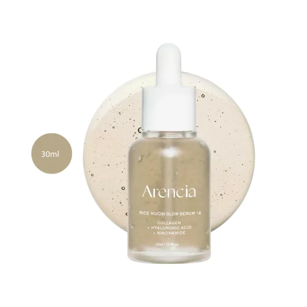 Arencia Rice Mucin Glow Serum 30ml in a minimalist, frosted bottle.