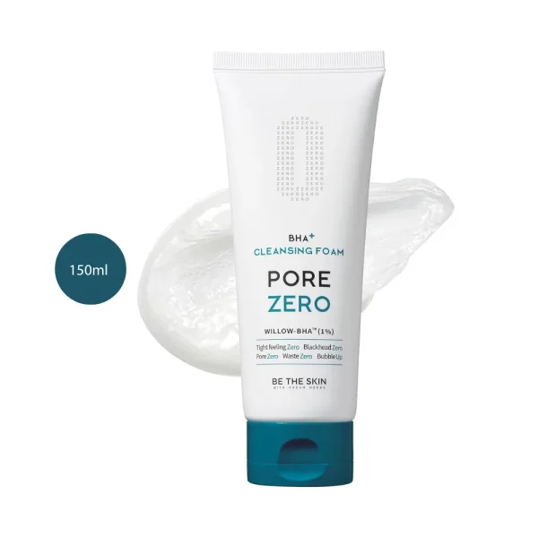 Be The Skin BHA+ Pore Zero Cleansing Foam 150ml tube on a white foam backdrop.