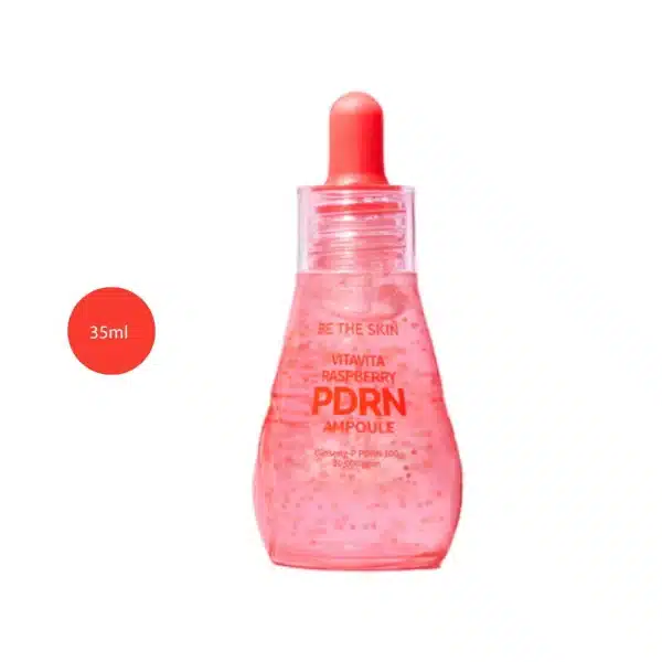 > Be The Skin Vitavita Raspberry PDRN Ampoule 35ml pink dropper bottle on white background.