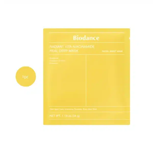 Biodance Radiant Vita Niacinamide Real Deep Mask 34g yellow packet on a white background.