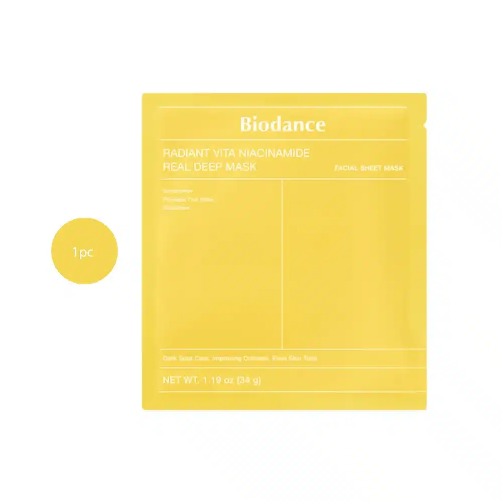Biodance Radiant Vita Niacinamide Real Deep Mask 34g yellow packet on a white background.