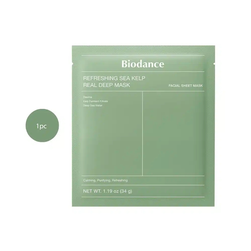 Biodance Refreshing Sea Kelp Real Deep Mask 34g green packet on a white background.