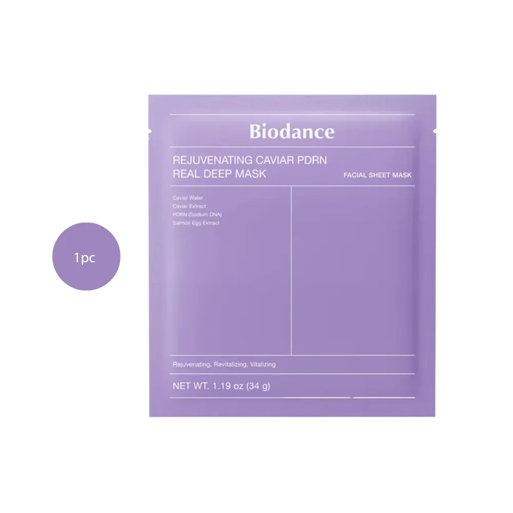 Biodance Rejuvenating Caviar PDRN Real Deep Mask 34g grey packet on a white background.