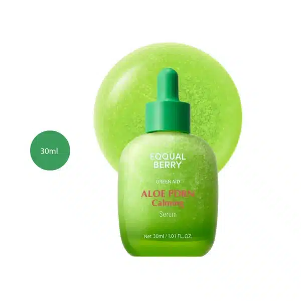 EQQUALBERRY Aloe PDRN Calming Serum 30ml bottle with a green circular badge on a white background.