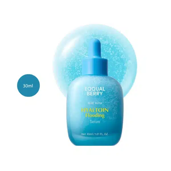 EQQUALBERRY Hyaltoin Flooding Serum 30ml bottle with a blue circular badge on a white background.