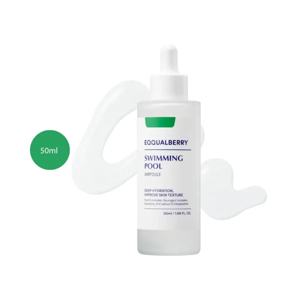 EQQUALBERRY Swimming Pool Ampoule 50ml bottle with a green circular badge on a white background.