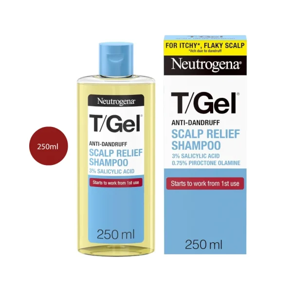 Neutrogena T/Gel Anti-Dandruff Shampoo Scalp Relief 250ml clear bottle with amber liquid.