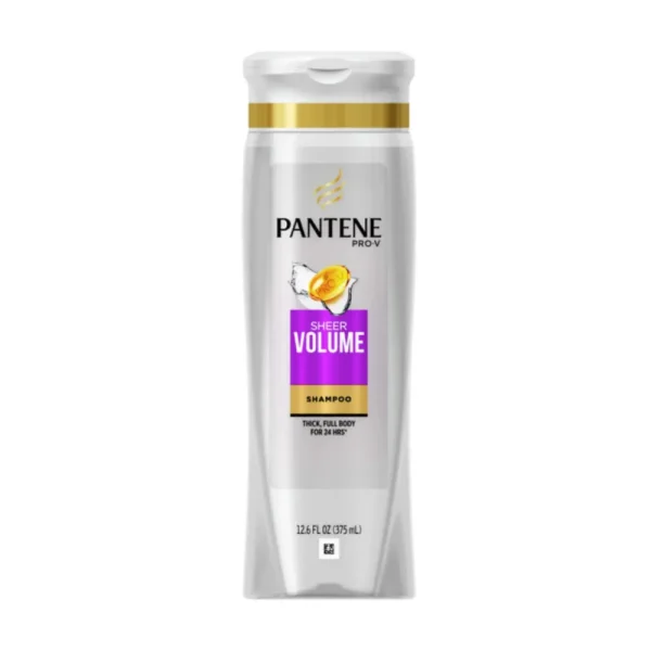 Pantene Pro-V Sheer Volume Shampoo in a white and silver bottle with purple label.