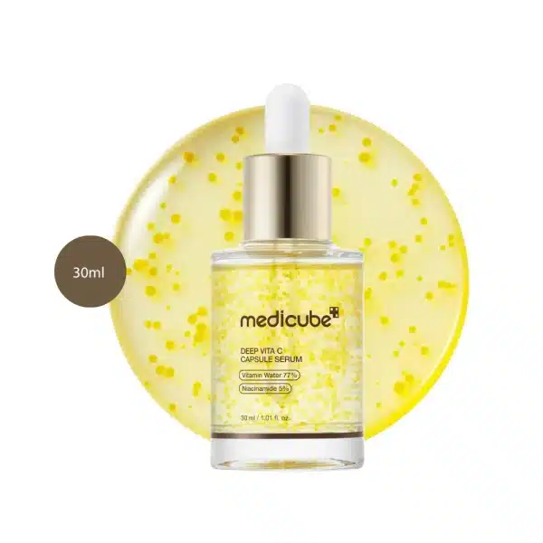 medicube Deep Vita C Capsule Serum 30ml bottle with a brown circular badge on a white background.
