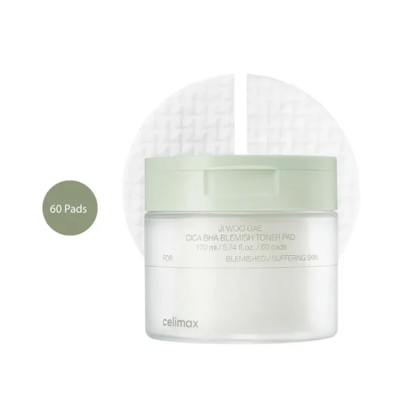 Celimax Ji Woo Gae Cica BHA Blemish Toner Pad tub with textured gauze pad.